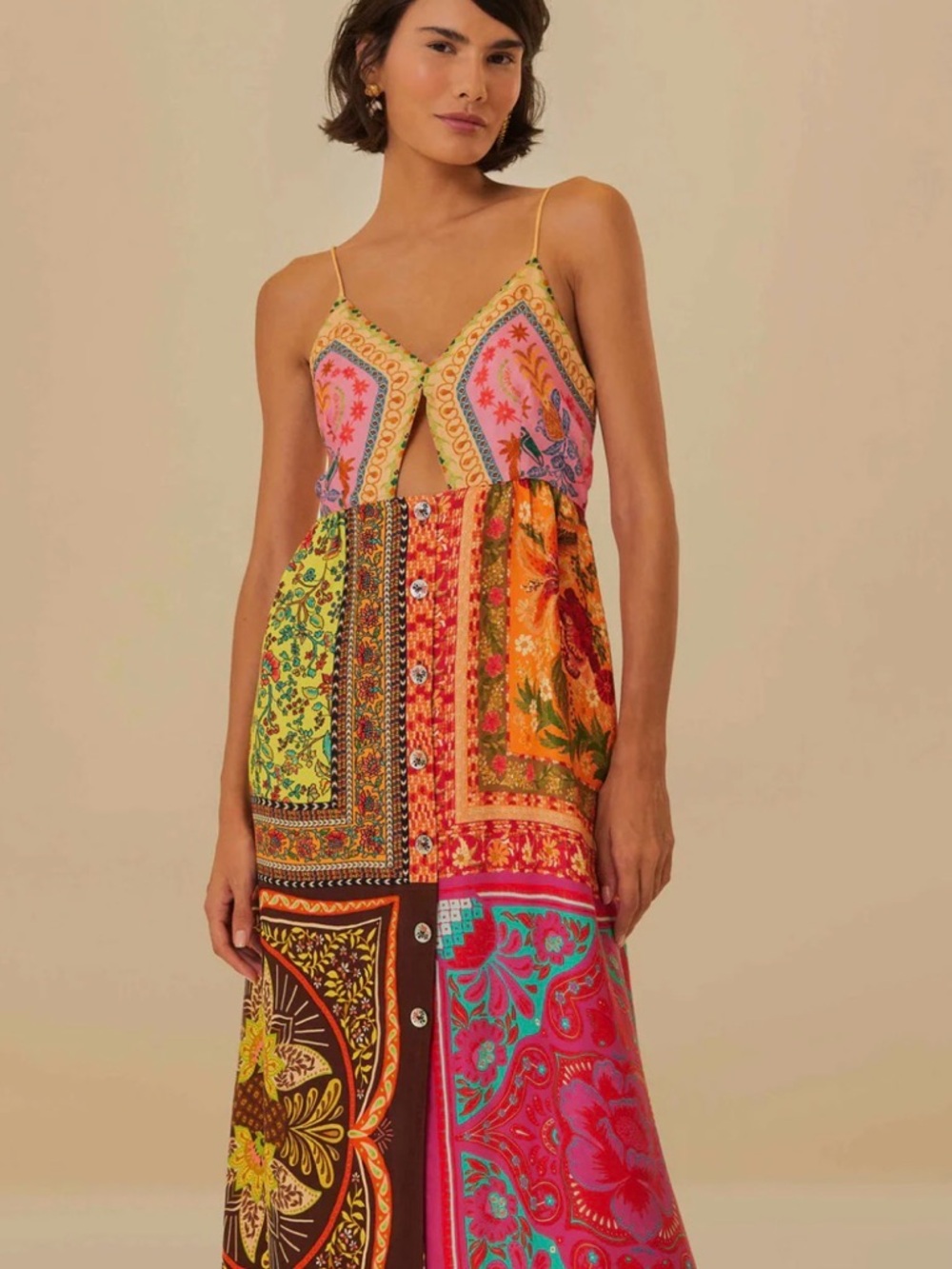 🩷💫FARM RIO DRESS💚✨🩵 Multicolor Patchwork Midi Dress with Spaghetti Straps💛